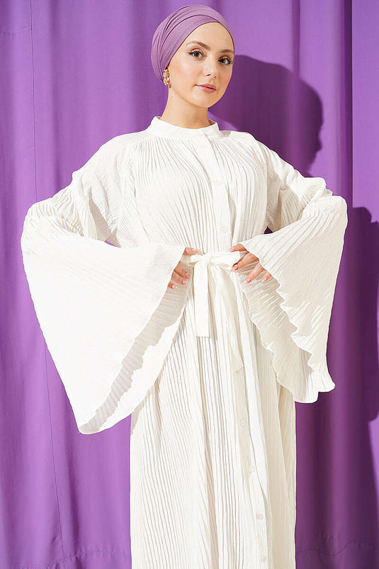 Pleated Spanish Sleeve Dress with Belt White