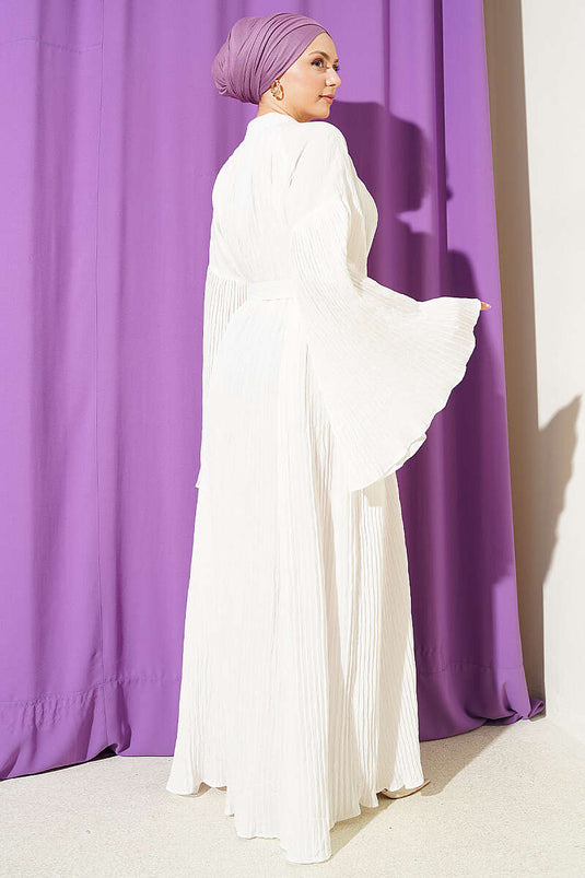 Pleated Spanish Sleeve Dress with Belt White
