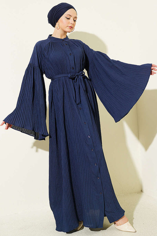 Pleated Spanish Sleeve Belted Dress Navy Blue