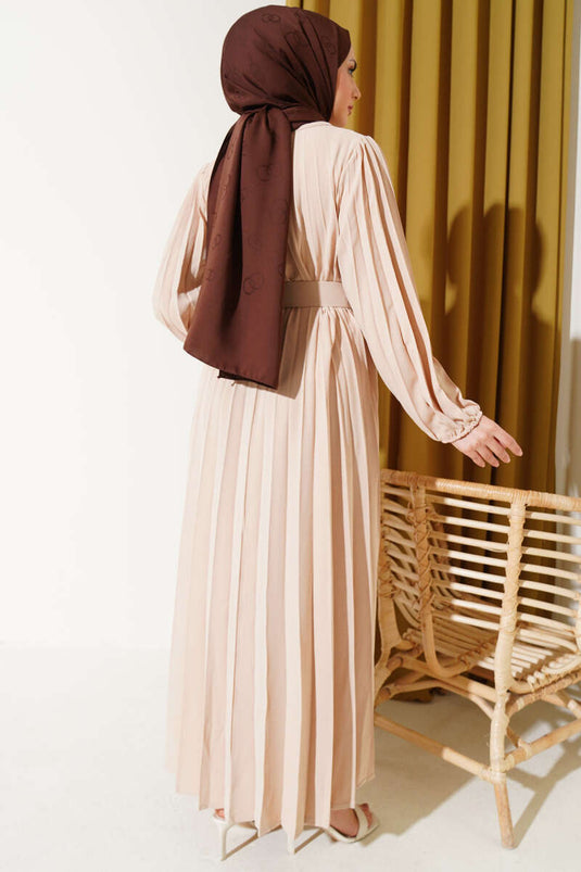 فستان أيروبين مطوي بحزام باللون البيج