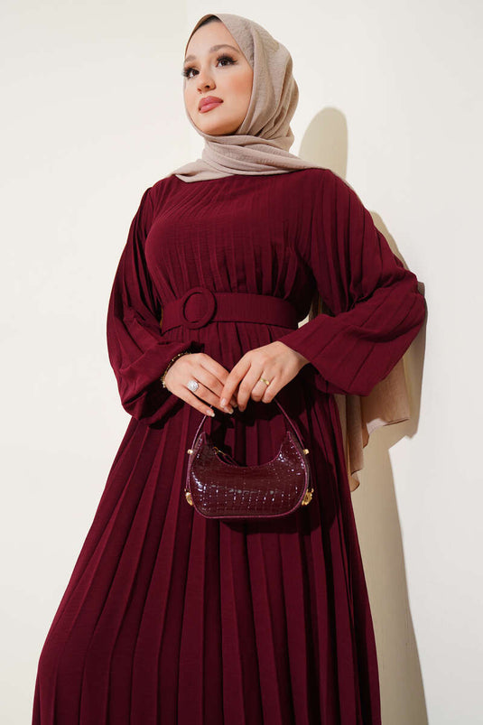 Pleated Belted Ayrobin Dress Burgundy