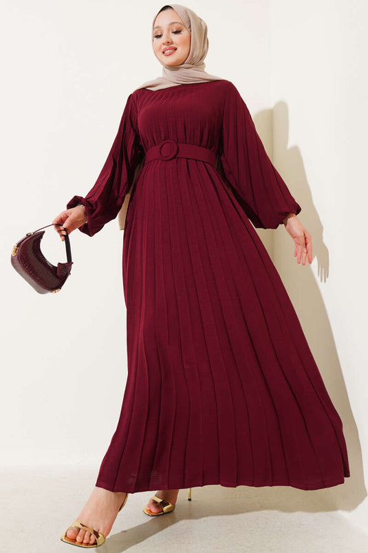 Pleated Belted Ayrobin Dress Burgundy