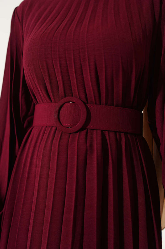 Pleated Belted Ayrobin Dress Burgundy