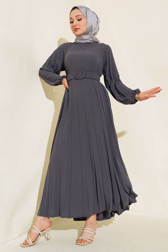 Pleated Belted Ayrobin Dress in Smoke Gray