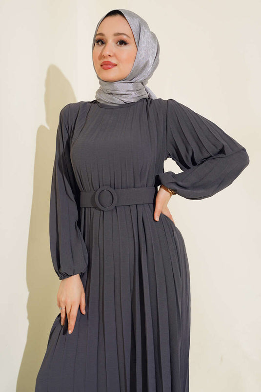 Pleated Belted Ayrobin Dress in Smoke Gray