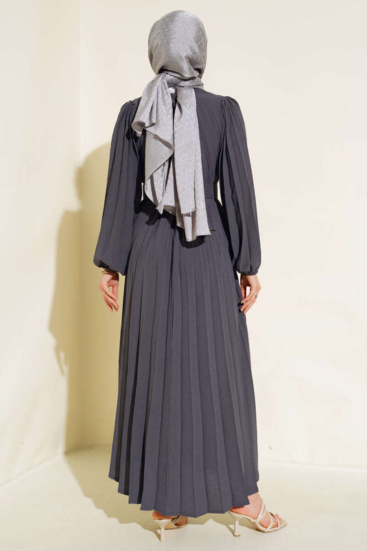 Pleated Belted Ayrobin Dress in Smoke Gray