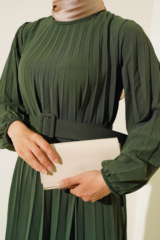 Pleated Belted Ayrobin Dress Khaki