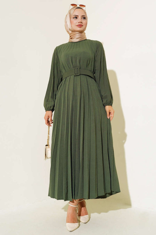 Pleated Belted Ayrobin Dress Khaki