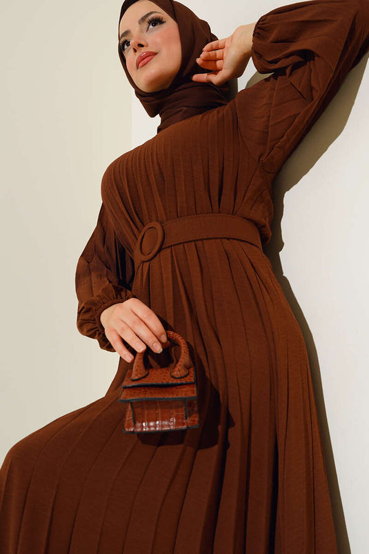 Pleated Belted Ayrobin Dress Coffee