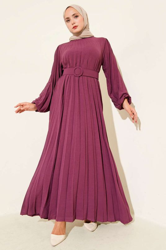 Piliseli Kemerli Ayrobin Elbise Menekşe