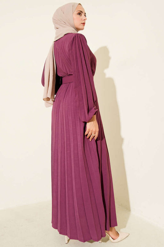 Piliseli Kemerli Ayrobin Elbise Menekşe