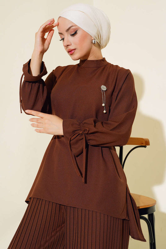 Piliseli Pantolonlu İkili Takım Kahve