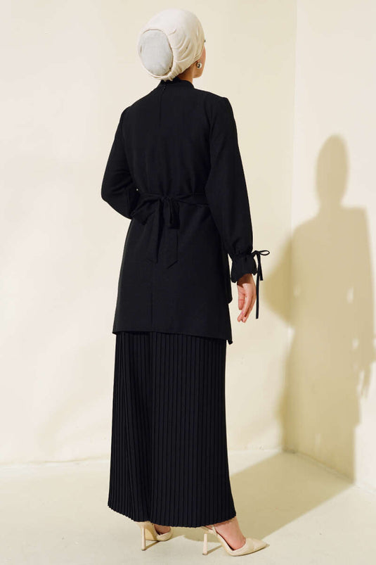 Piliseli Pantolonlu İkili Takım Siyah