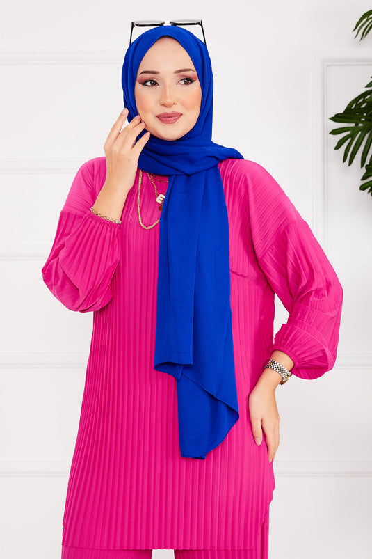 Plissierter bequemer Hijab-Zweiteiler mit Muster Fuchsia