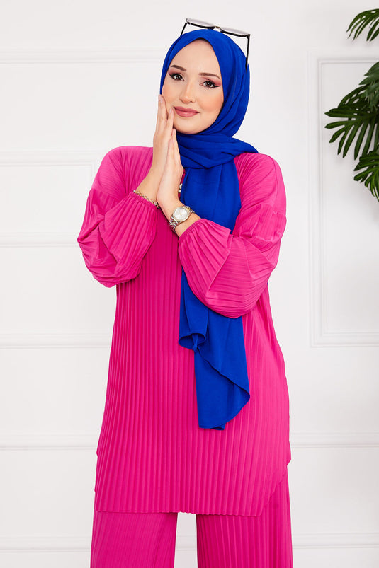 Plissierter bequemer Hijab-Zweiteiler mit Muster Fuchsia