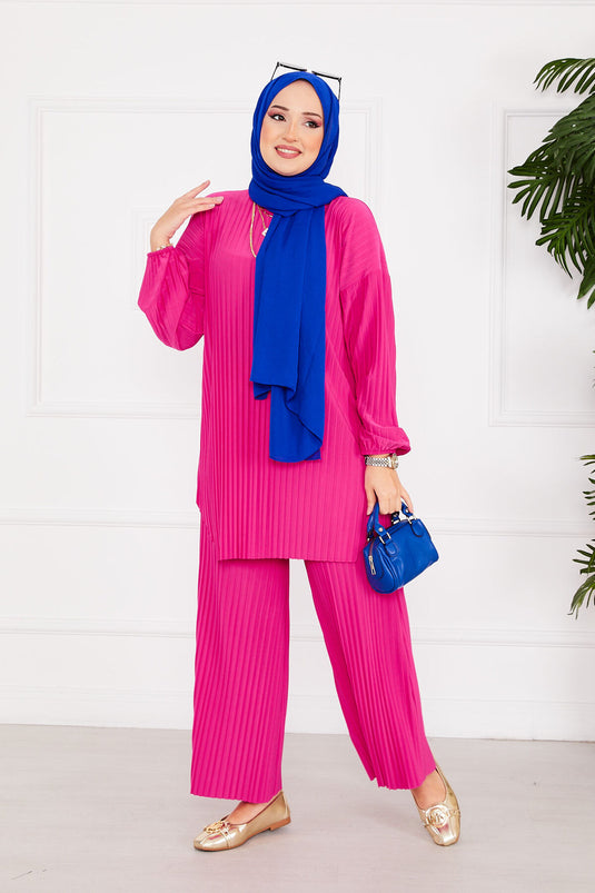 Plissierter bequemer Hijab-Zweiteiler mit Muster Fuchsia