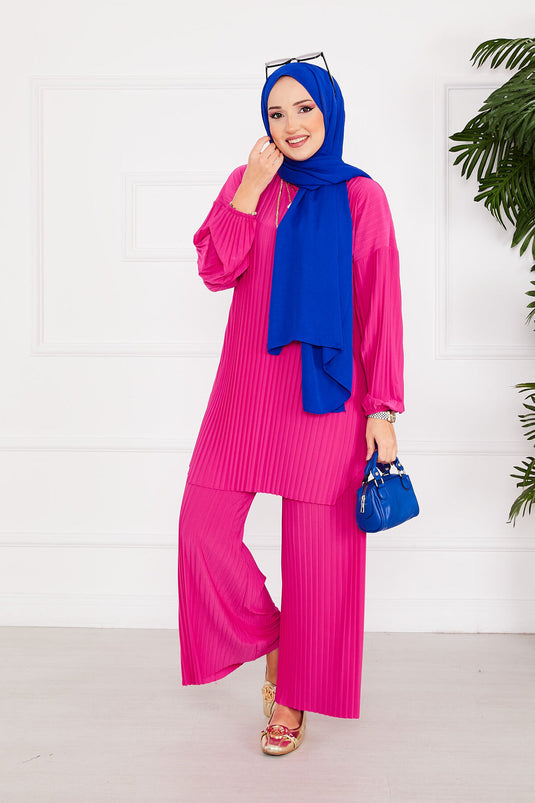 Plissierter bequemer Hijab-Zweiteiler mit Muster Fuchsia