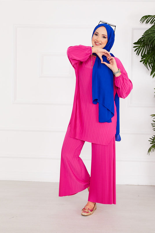 Plissierter bequemer Hijab-Zweiteiler mit Muster Fuchsia