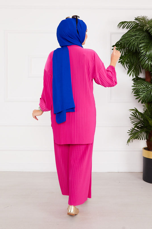Plissierter bequemer Hijab-Zweiteiler mit Muster Fuchsia