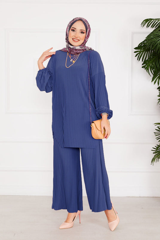 Ensemble deux pièces hijab plissé et confortable, couleur indigo