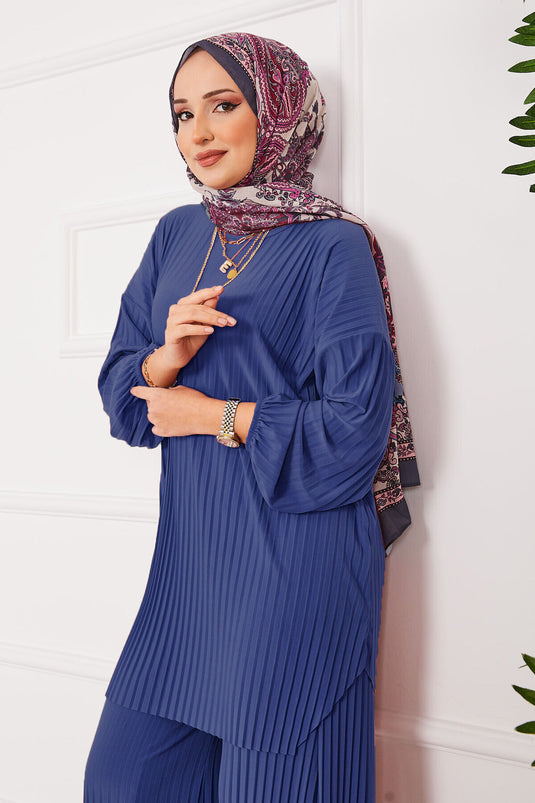 Ensemble deux pièces hijab plissé et confortable, couleur indigo