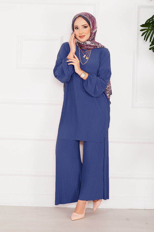 Ensemble deux pièces hijab plissé et confortable, couleur indigo