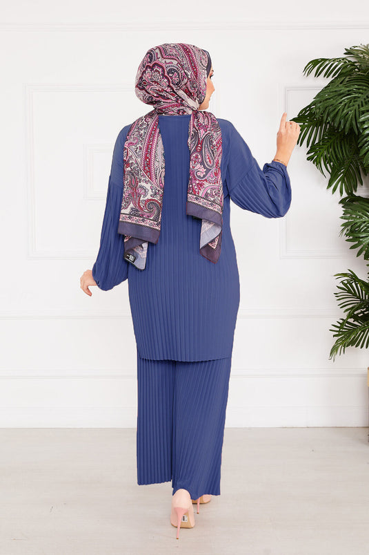 Ensemble deux pièces hijab plissé et confortable, couleur indigo