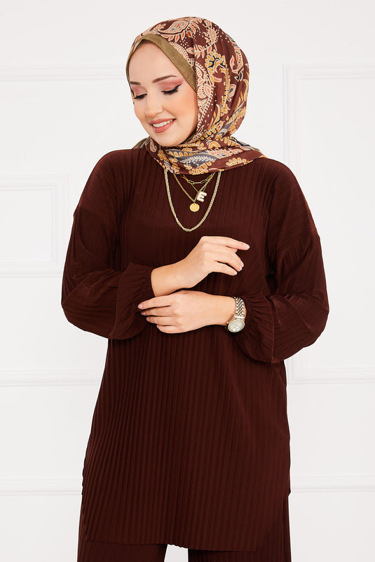 Ensemble hijab deux pièces plissé et confortable, marron