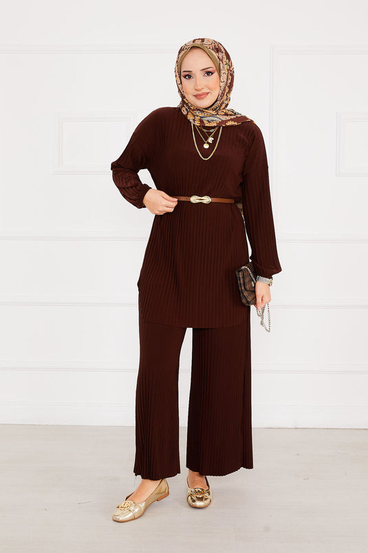Ensemble hijab deux pièces plissé et confortable, marron