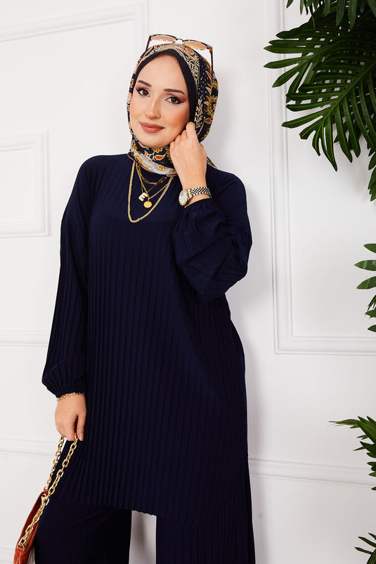 Completo due pezzi hijab con motivo plissettato e confortevole, blu navy