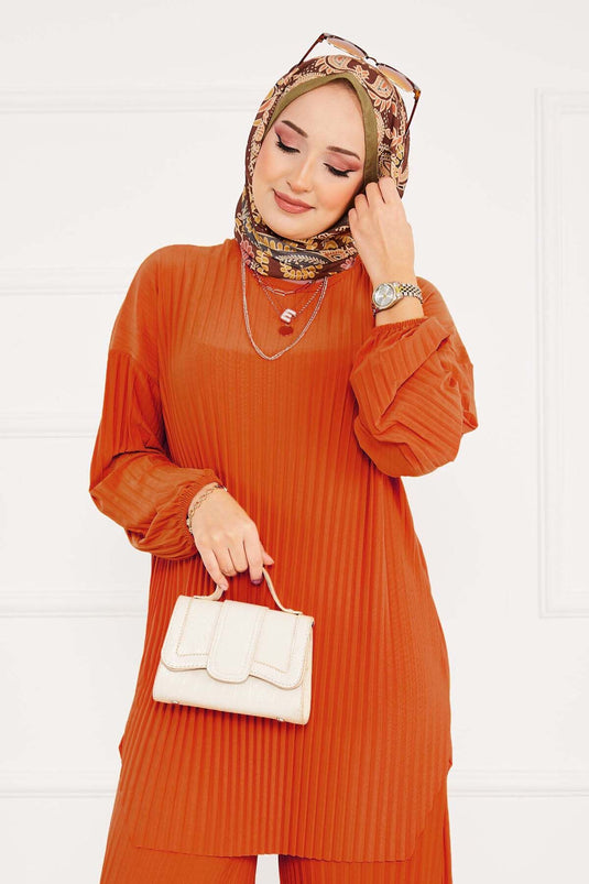 Pleated Relaxed Fit Hijab Two-Piece Set Orange