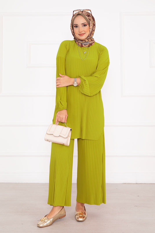 Piliseli Rahat Kalıp Tesettür İkili Takım Yağ Yeşil