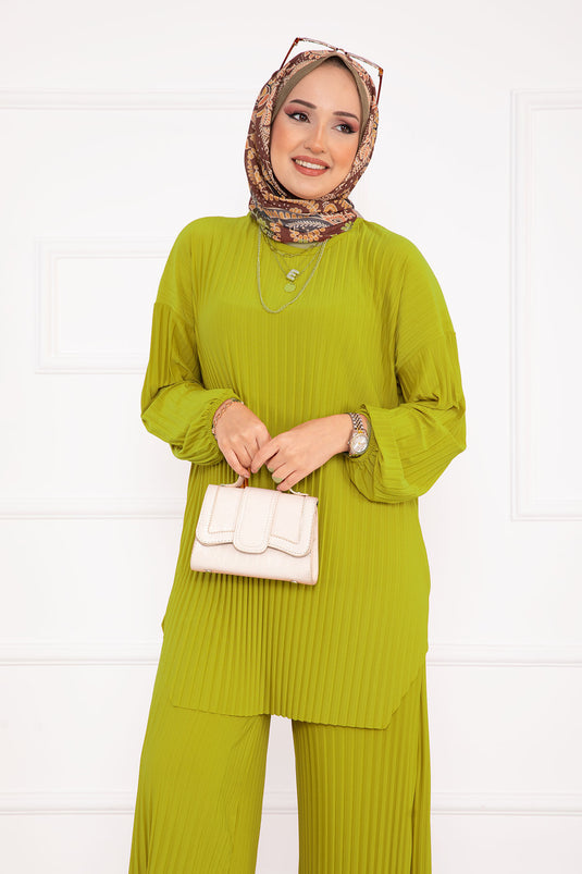 Piliseli Rahat Kalıp Tesettür İkili Takım Yağ Yeşil