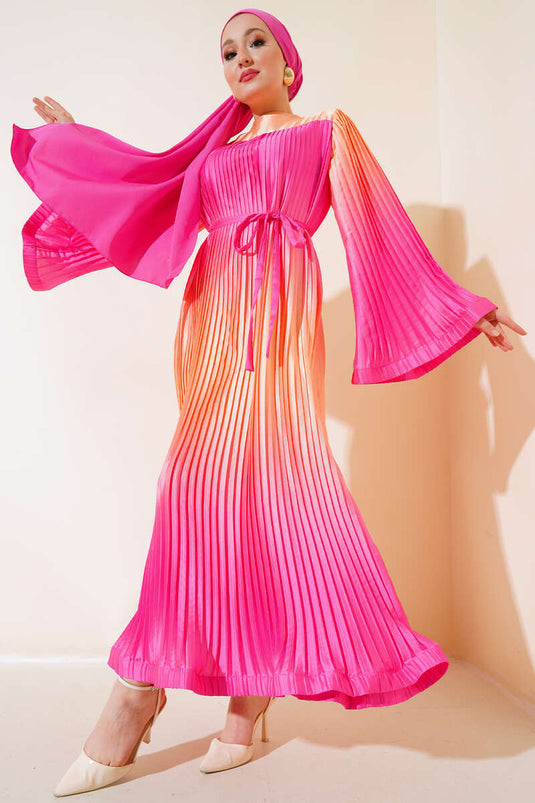 Abito in Raso Plissettato Fucsia