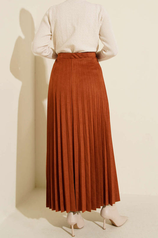 Pleated Suede Skirt in Terracotta