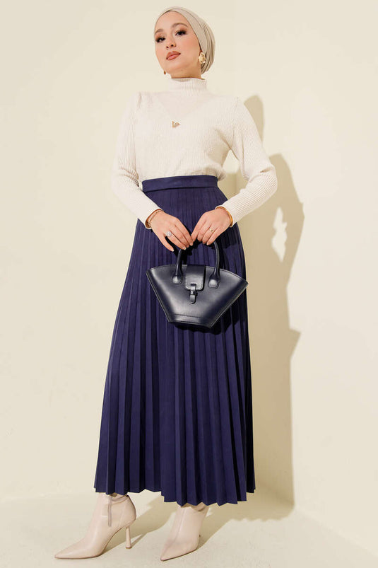 Pleated Suede Skirt Navy Blue