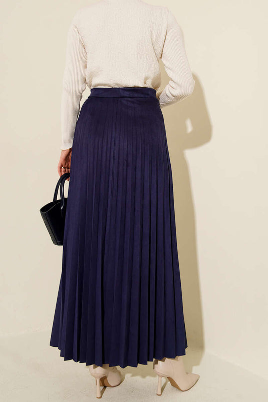 Pleated Suede Skirt Navy Blue