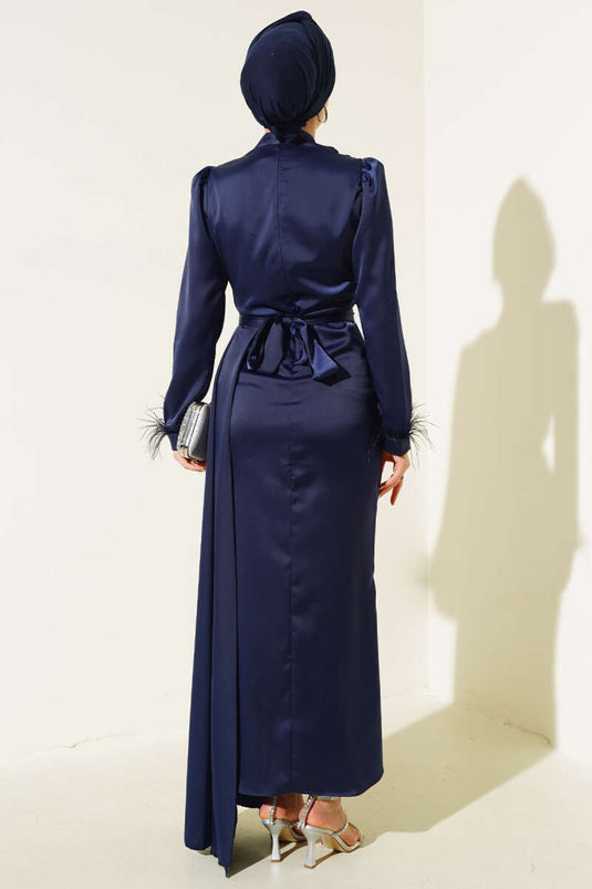 Piliseli Tüylü Manşet Elbise Lacivert