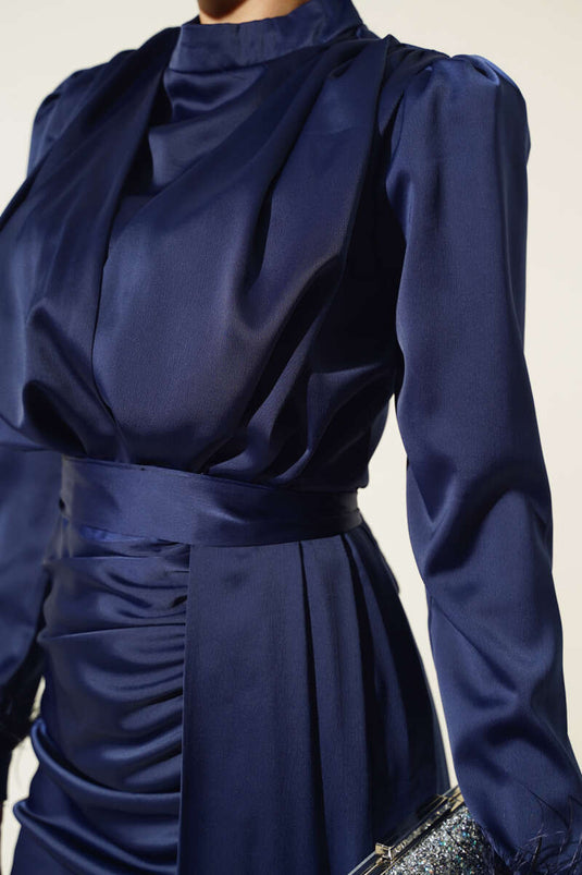 Piliseli Tüylü Manşet Elbise Lacivert