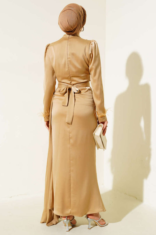 Piliseli Tüylü Manşet Elbise Latte