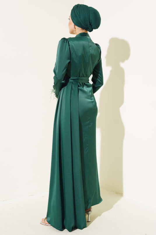 Piliseli Tüylü Manşet Elbise Zümrüt