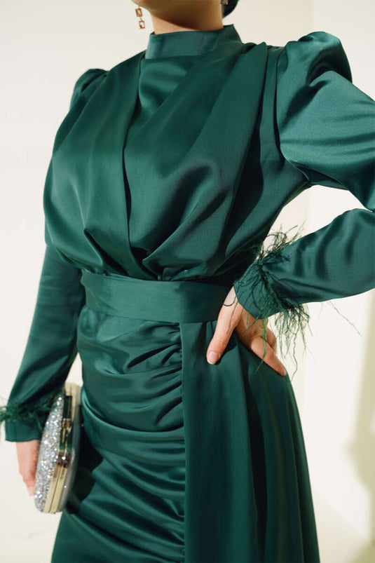 Piliseli Tüylü Manşet Elbise Zümrüt