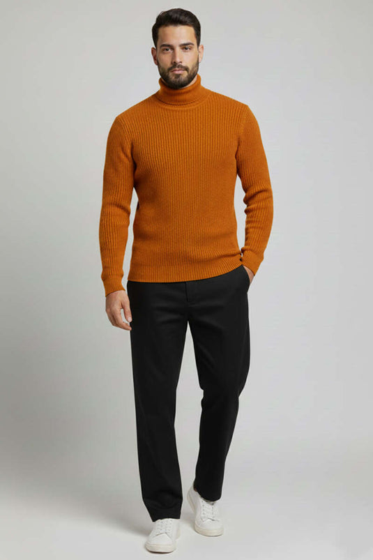 Pull homme à col roulé en maille de riz moutarde