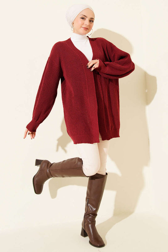Cardigan basico in punto riso bordeaux