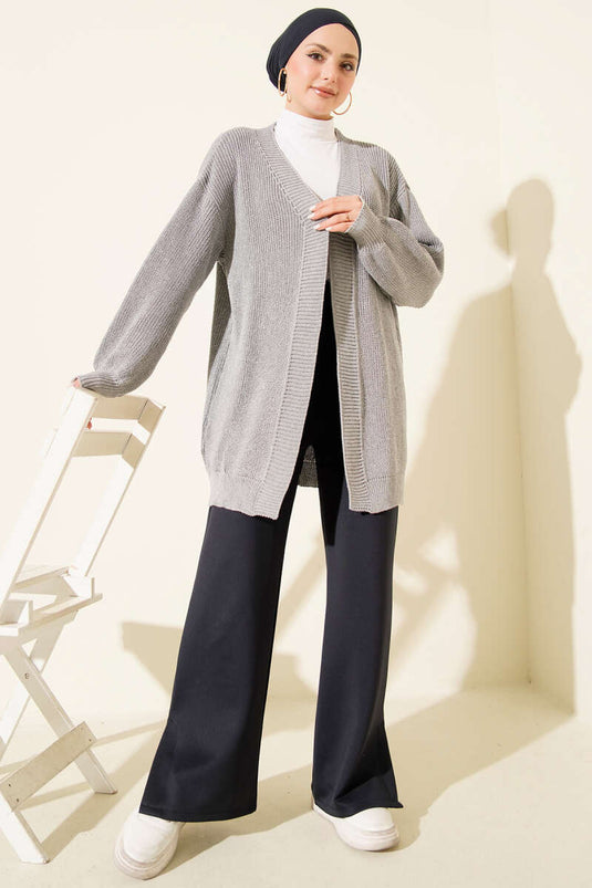 كارديغان محبوك أساسي منسوج من القطن باللون الرمادي