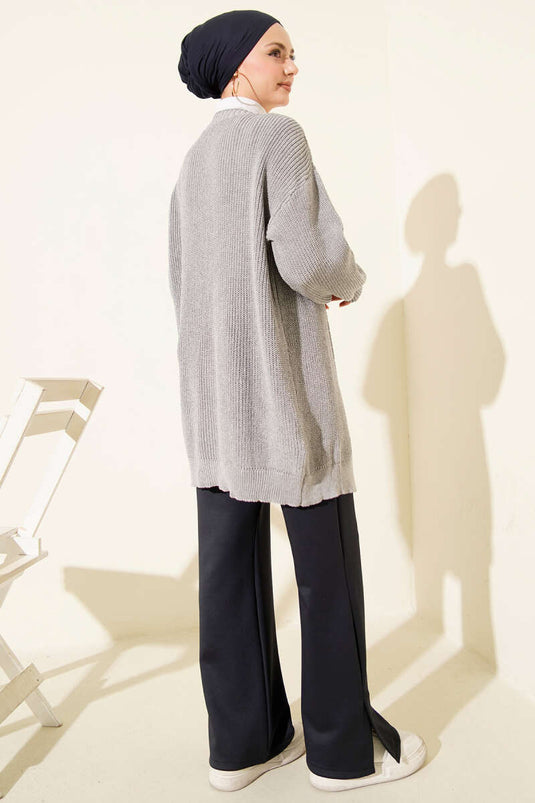 كارديغان محبوك أساسي منسوج من القطن باللون الرمادي