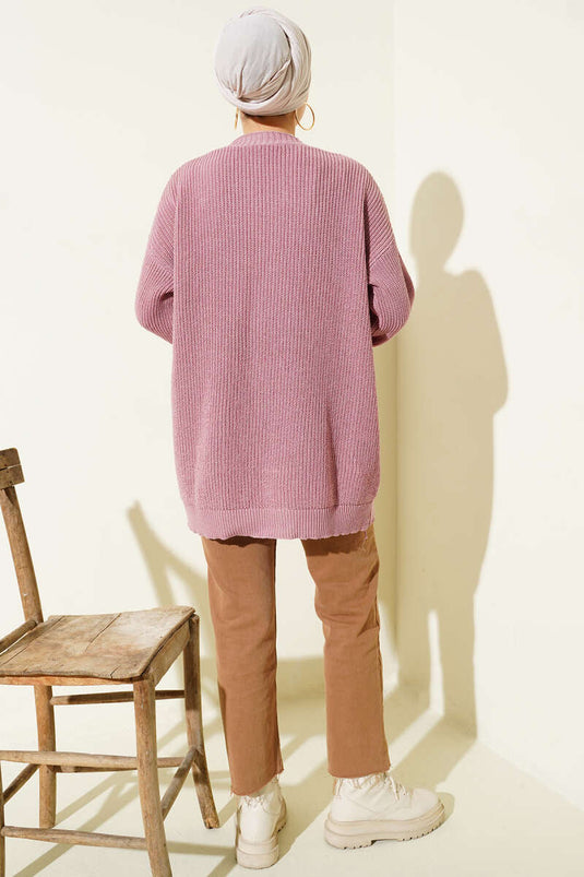 Cardigan tricoté basique en maille de riz couleur vieux rose