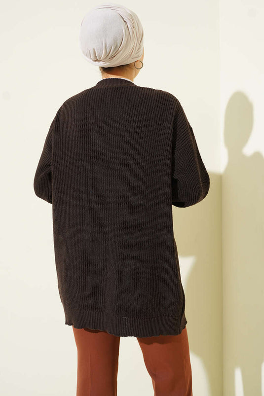 Cardigan a maglia base intrecciata in cotone color caffè