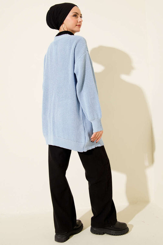 كارديغان محبوك أساسي منسوج من القمح الأزرق
