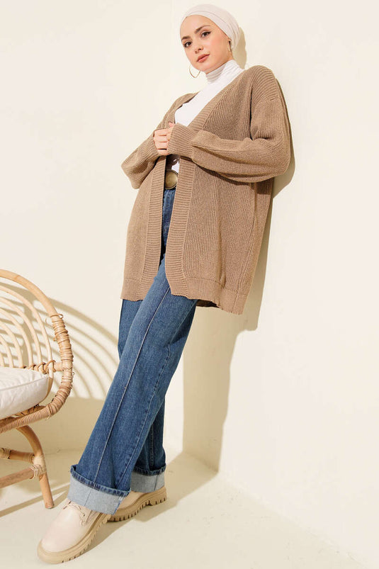 Cardigan tricoté basique en maille de riz couleur vison